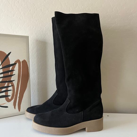 Free People Boots Tall Slouch Suede Pheonix Black Pull‎ On Boots Size 38.5 - Picture 1 of 10
